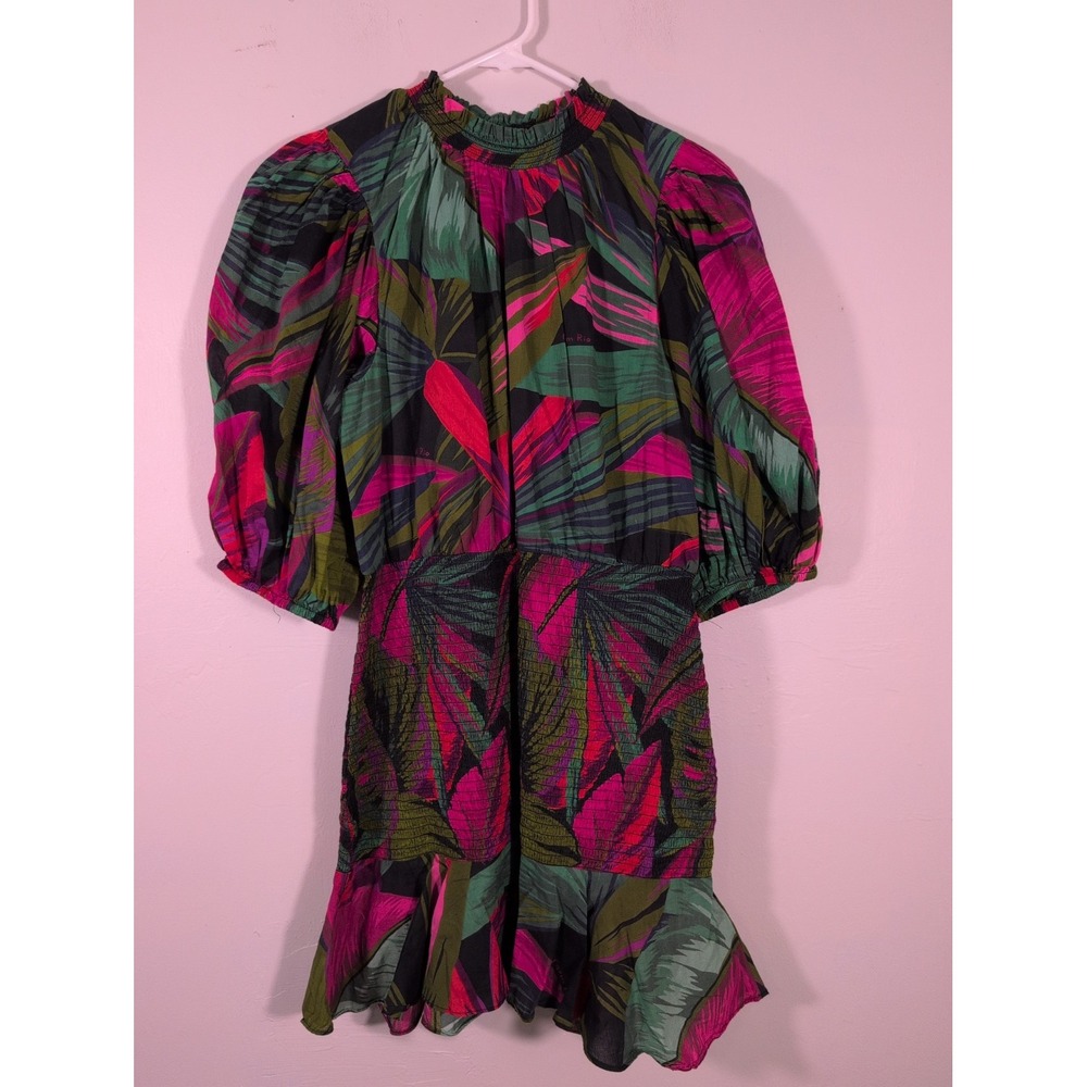 FARM Rio Midnight Leaves Smocked Puff Sleeve Mini Dress Size S $195 Excellent